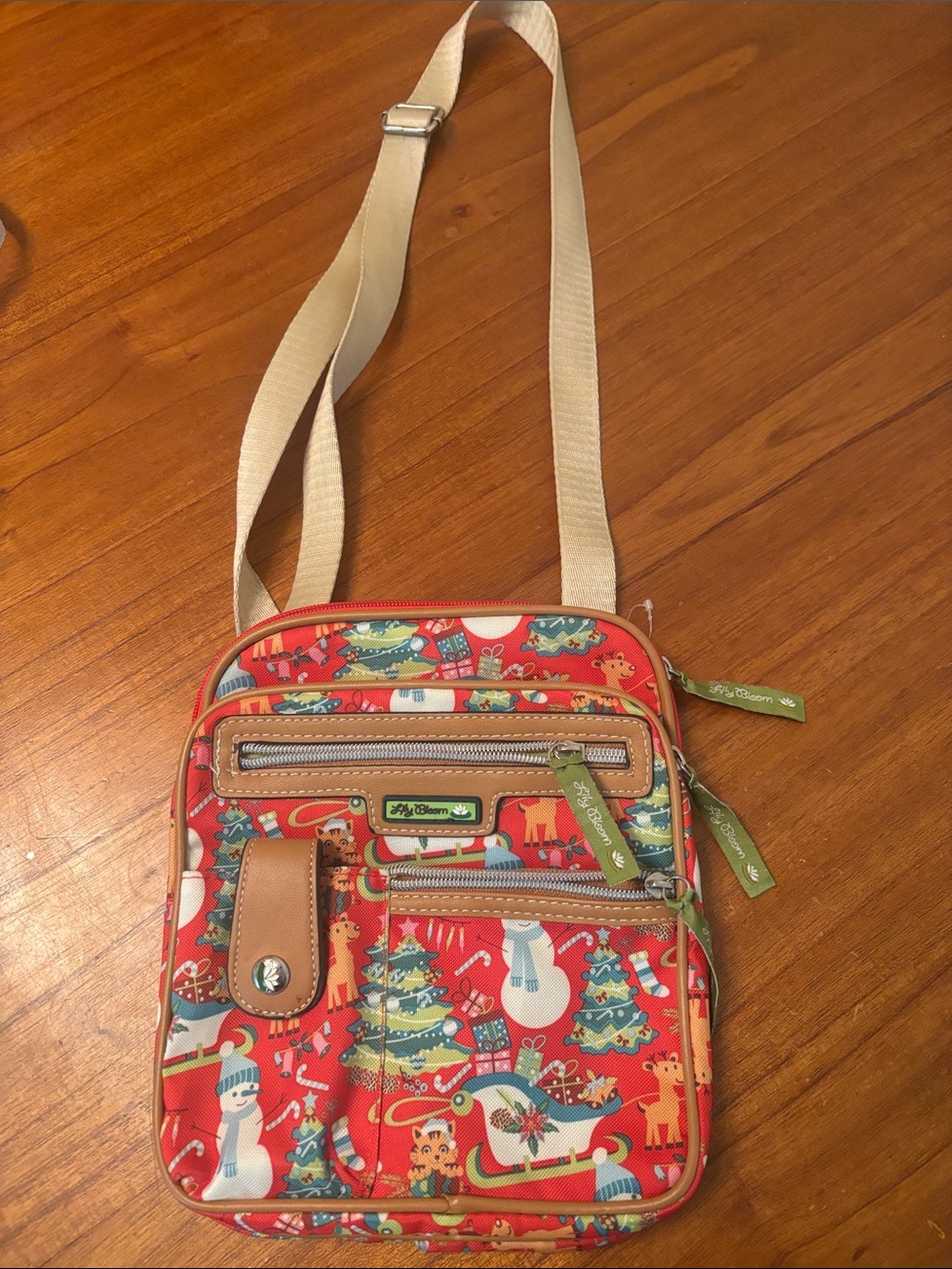 Lily Bloom Red Holiday Motif Crossbody with Beige Strap